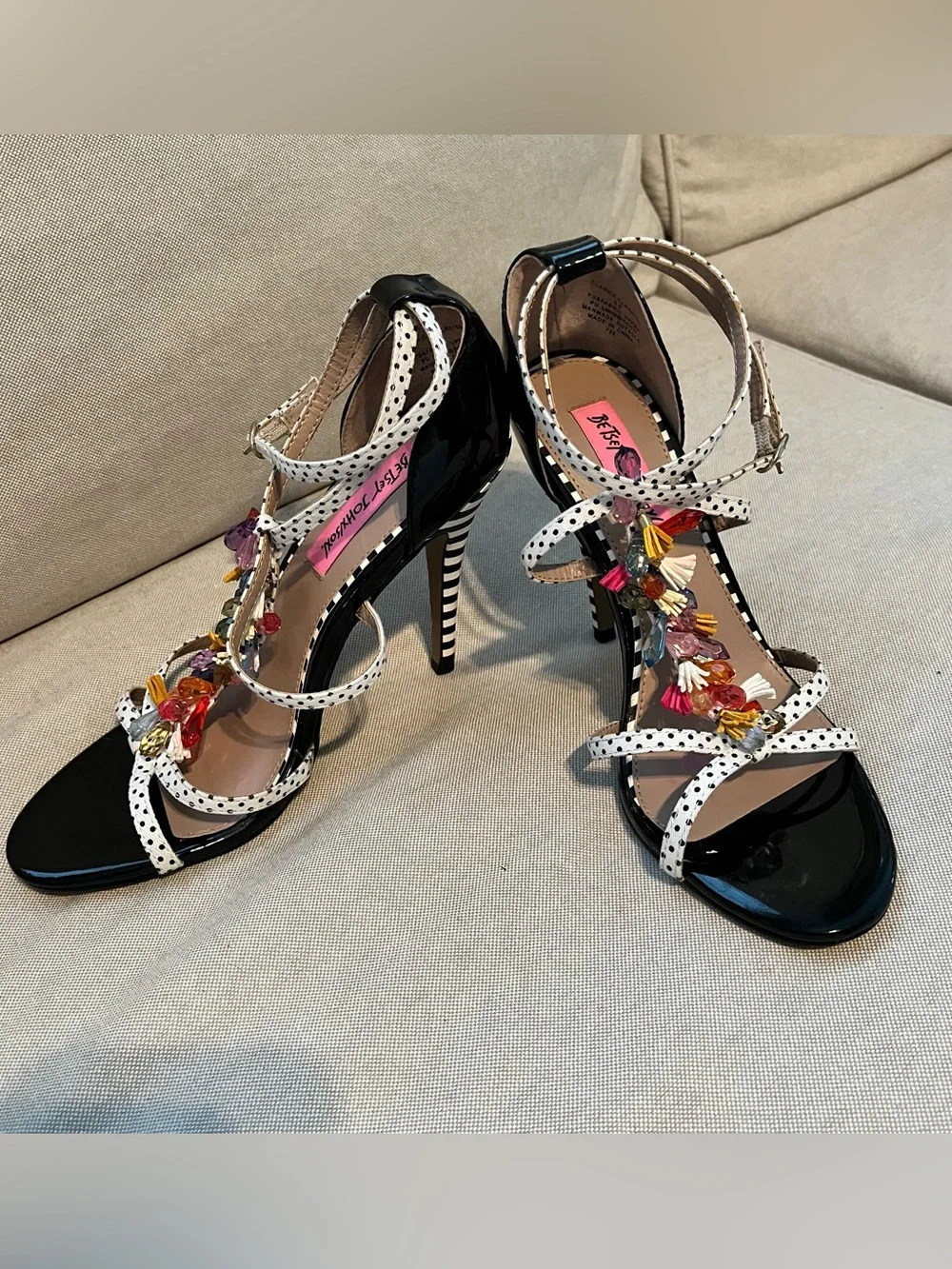 Betsey Johnson Black Patent Polka Dot Strap Jeweled High Heels